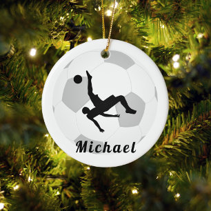 Soccer Goalie Keeper Black & White Player's Name Ceramic Tree Decoration
