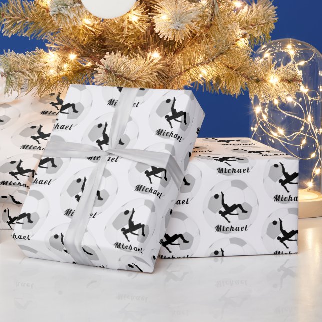 Soccer Goalie Keeper Black & White Player's Name Wrapping Paper (Holidays)