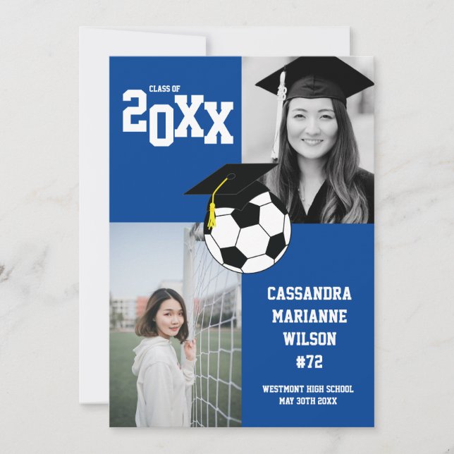 Soccer Graduation Sports Blue White Announcement (Front)