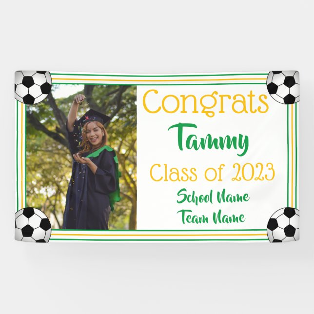 Soccer Green & Gold One Photo Graduation Banner (Horizontal)