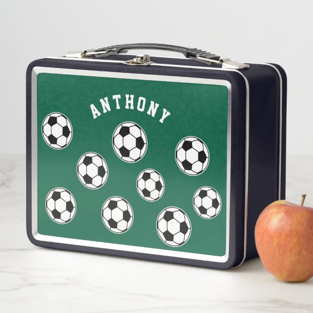 Soccer Green Personalised Kids Back to School Metal Lunch Box (In Situ)