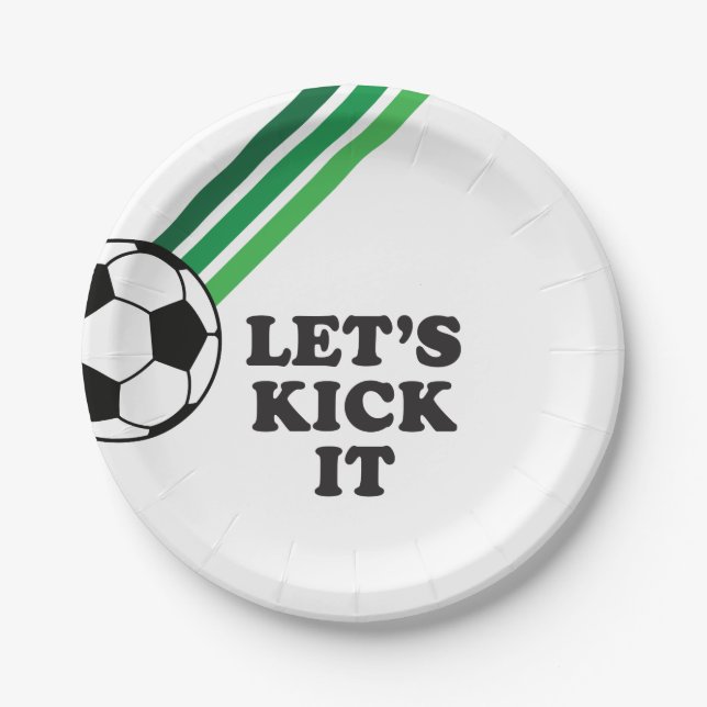 Soccer Green Stripes Let's Kick It Birthday Paper Plate (Front)