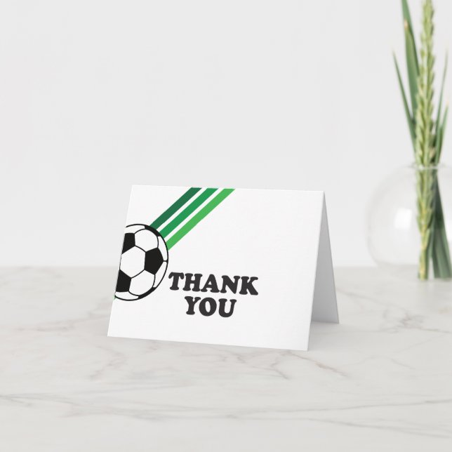 Soccer Green Stripes Let's Kick It Birthday Thank You Card (Front)