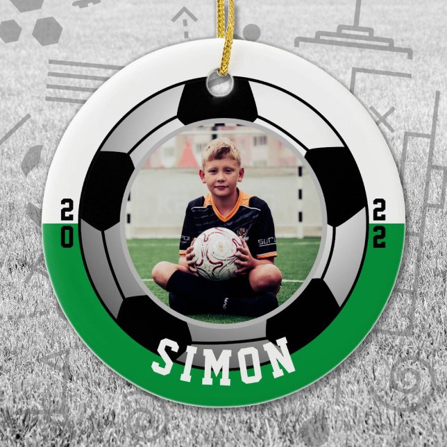 Soccer Green White Team Colours Ceramic Tree Decoration (Green and White Soccer Let's Go Team Ornament. Celebrate your high school or college athlete.)