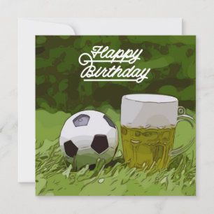 Soccer Happy Birthday with ball and beer on green  Card