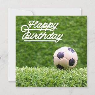 Soccer Happy Birthday with ball on green grass  Card