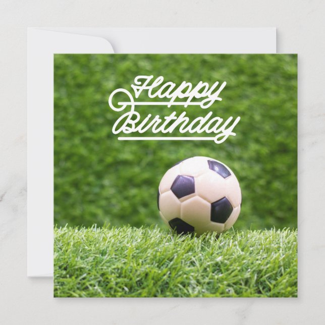 Soccer Happy Birthday with ball on green grass Card (Front)