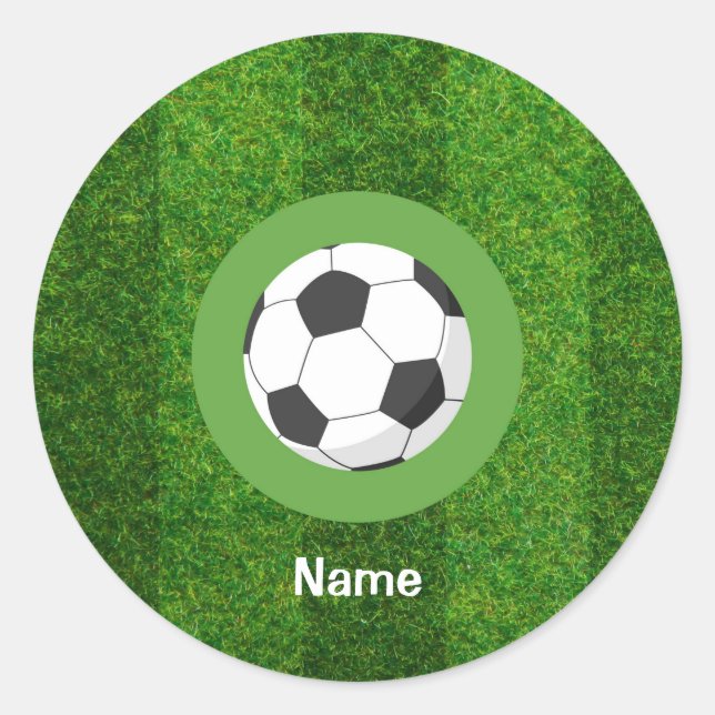 Soccer Happy Birthday with ball on green grass   Classic Round Sticker (Front)