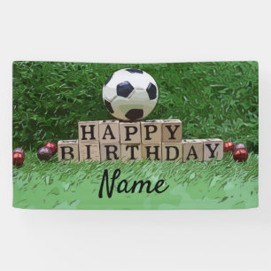 Soccer Happy Birthday with ball on green Party Banner