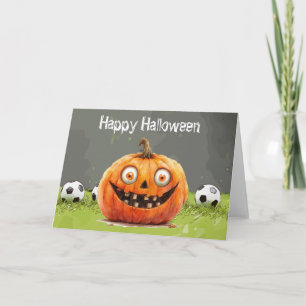 Soccer Happy Halloween with balls on green grass  Card
