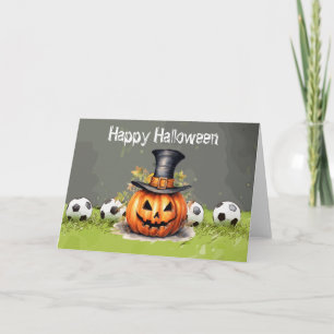 Soccer Happy Halloween with balls on green grass  Card