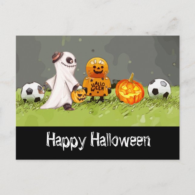 Soccer Happy Halloween with balls on green grass   Postcard (Front)