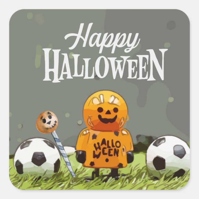 Soccer Happy Halloween with balls on green grass   Square Sticker (Front)