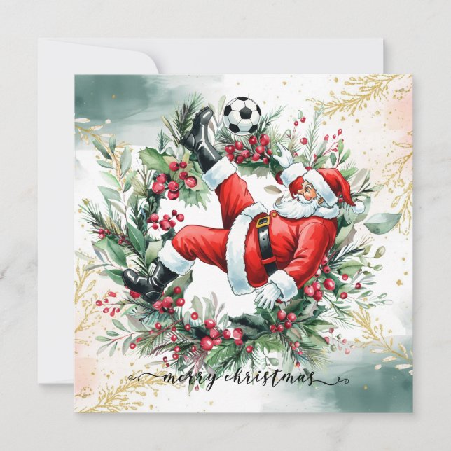 Soccer Happy Holidays  Santa playing soccer Holiday Card (Front)