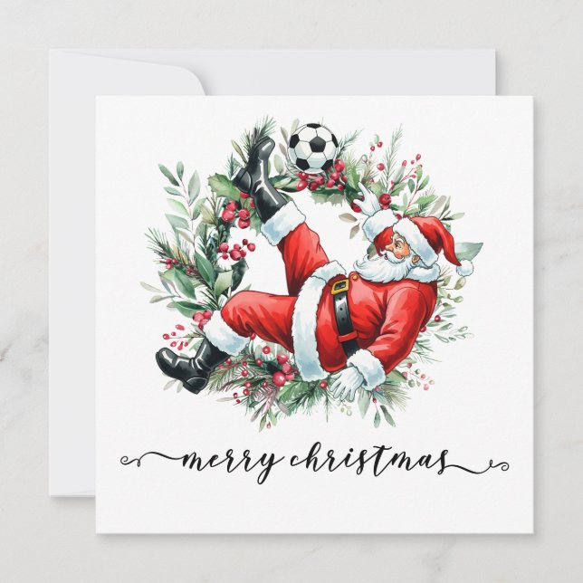 Soccer Happy Holidays  Santa playing soccer Holiday Card (Front)