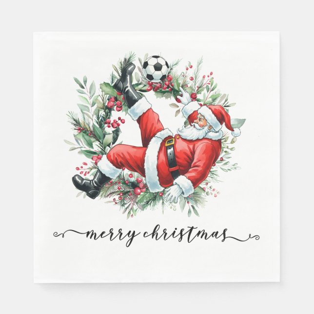 Soccer Happy Holidays  Santa playing soccer Napkin (Front)