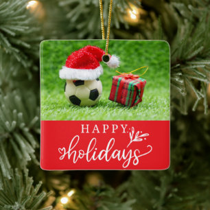Soccer Happy Holidays with ball on green grass Ceramic Ornament