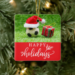 Soccer Happy Holidays with ball on green grass Ceramic Ornament