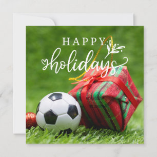 Soccer Happy Holidays with ball on green grass   Holiday Card