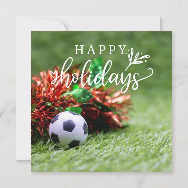 Soccer Happy Holidays with ball on green grass   Holiday Card (Front)