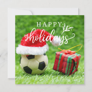 Soccer Happy Holidays with ball on green grass Holiday Card