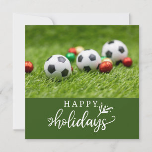 Soccer Happy Holidays with ball on green grass Holiday Card