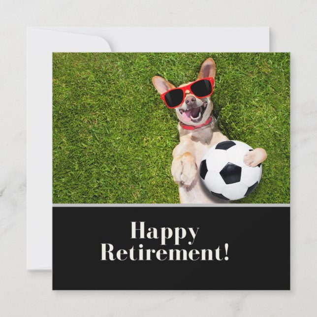 Soccer happy retirement with smiling dog on green card (Front)