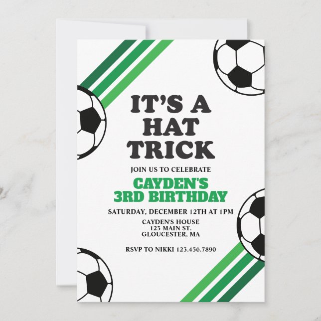 Soccer Hat Trick Green Stripes 3rd Birthday Invitation (Front)