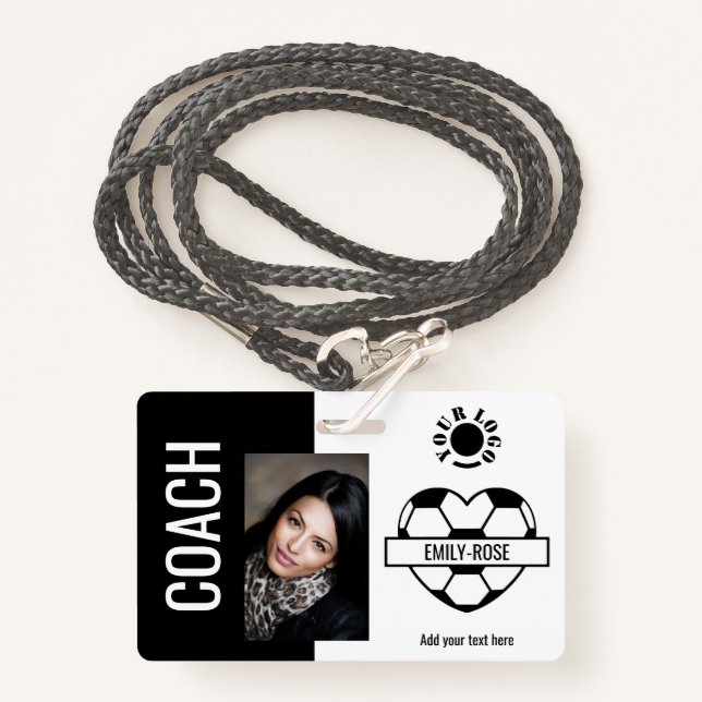 Soccer Heart Photo Logo Barcode Template Coach ID Badge (Front with Lanyard)