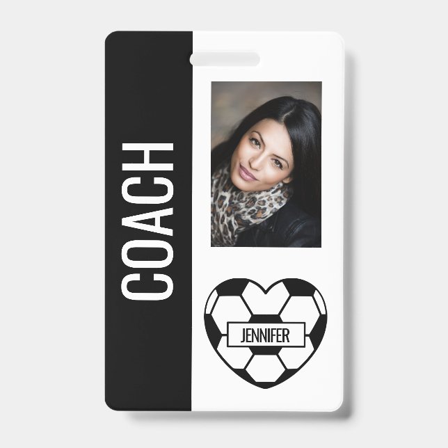 Soccer Heart Photo Template Black and White Coach ID Badge (Front)