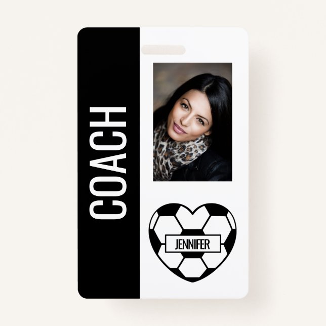Soccer Heart Photo Template Black and White Coach ID Badge (Front)