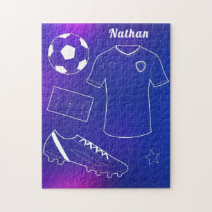 Soccer Inventory & Custom Name Blue Gradient Sport Jigsaw Puzzle