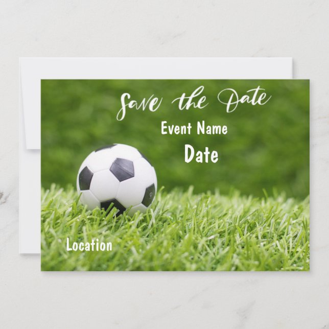 Soccer is on green grass  save the date party  invitation (Front)