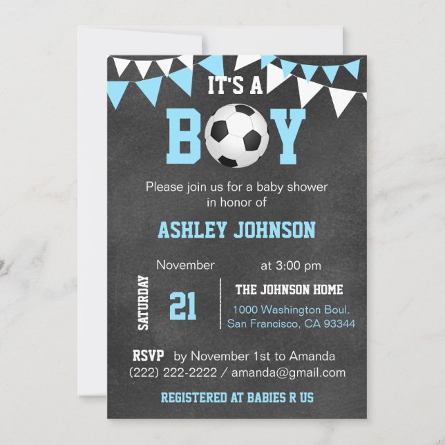 Soccer It's a Boy Baby Shower Chalkboard Blue Boy Invitation (Front)