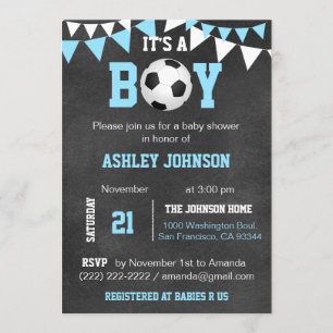 Soccer It's a Boy Baby Shower Chalkboard Blue Boy Invitation