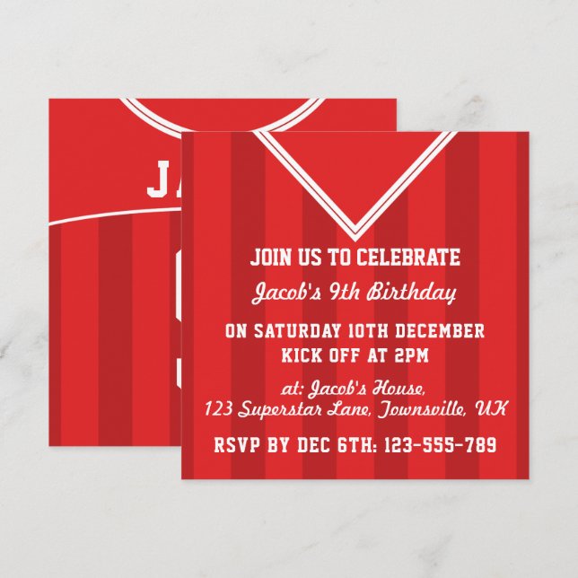 Soccer Jersey Themed Party Invites, Football, Red Invitation (Front/Back)