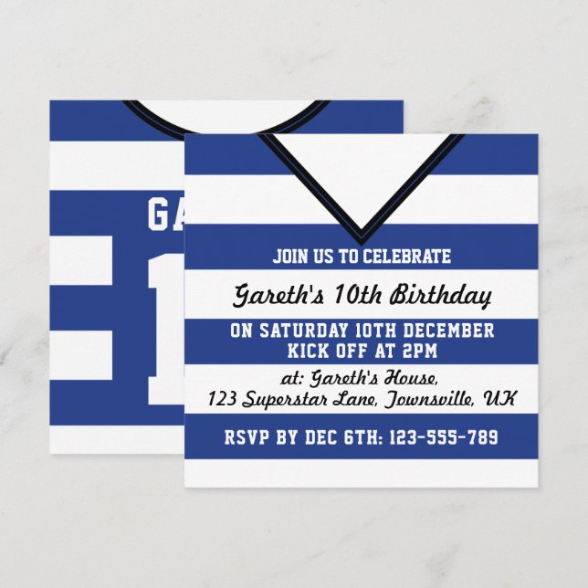Soccer Jersey Themed Party Invites Template, Blue (Front/Back)