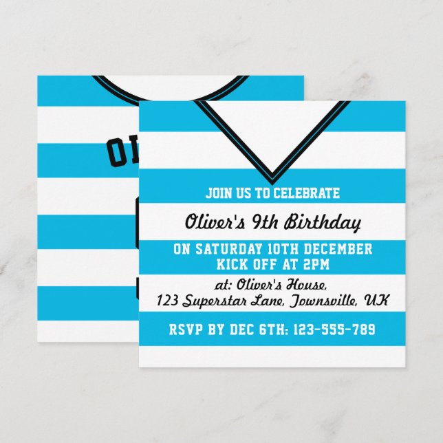 Soccer Jersey Themed Party Invites Template, Blue (Front/Back)