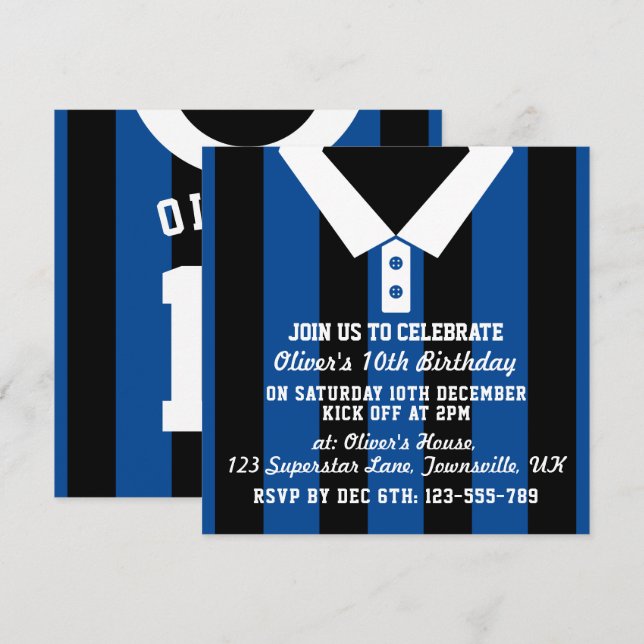 Soccer Jersey Themed Party Invites Template, Blue (Front/Back)