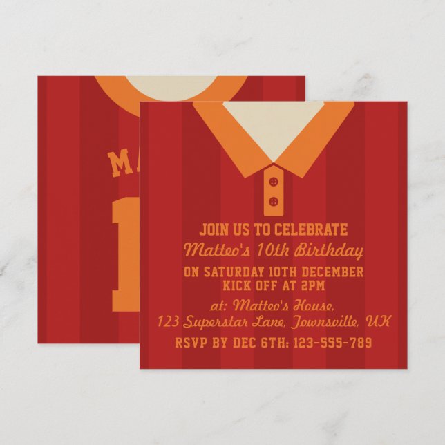 Soccer Jersey Themed Party Invites Template, Red (Front/Back)