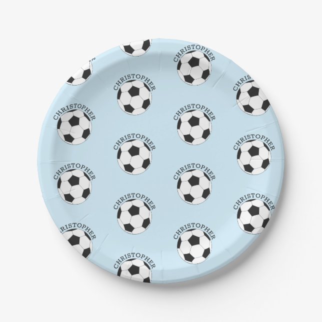 Soccer Kids Party Modern Name Pattern Paper Plate (Front)