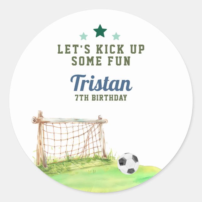 Soccer “Let’s Kick Up Some Fun” Any Age Birthday Classic Round Sticker (Front)