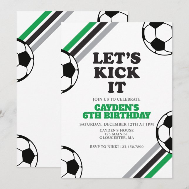 Soccer Let's Kick It Green Birthday Invitation (Front/Back)