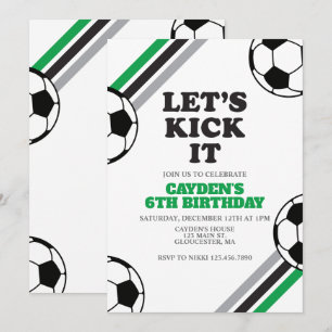 Soccer Let's Kick It Green Birthday Invitation