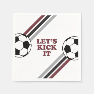 Soccer Maroon Stripes Let's Kick It Birthday Napkin