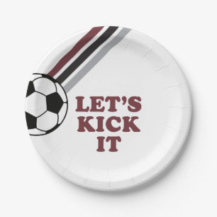 Soccer Maroon Stripes Let's Kick It Birthday Paper Plate