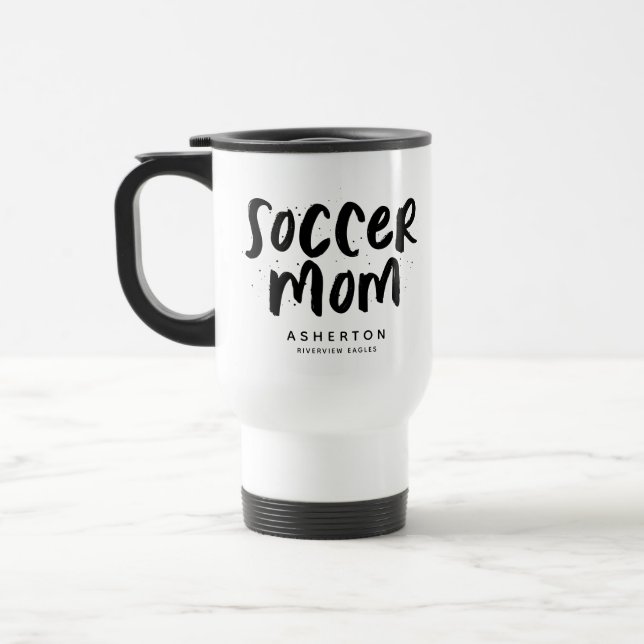 Soccer mum trendy black type personalised travel mug (Left)