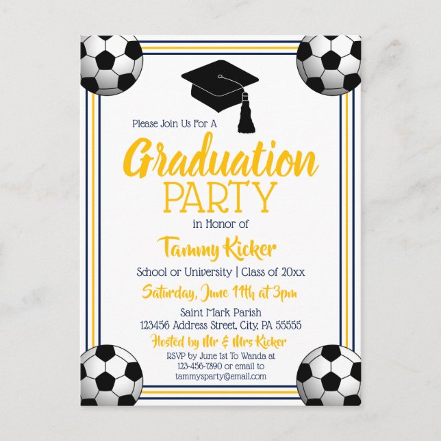 Soccer Navy & Gold Graduation Party Invitation Postcard (Front)