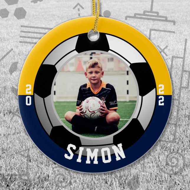 Soccer Navy Gold Team Colours Ceramic Tree Decoration (Navy and Gold Soccer Let's Go Team Ornament. Celebrate your high school or college athlete.)