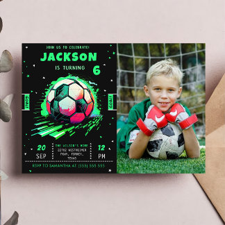 Soccer Neon Birthday Photo Invitation 